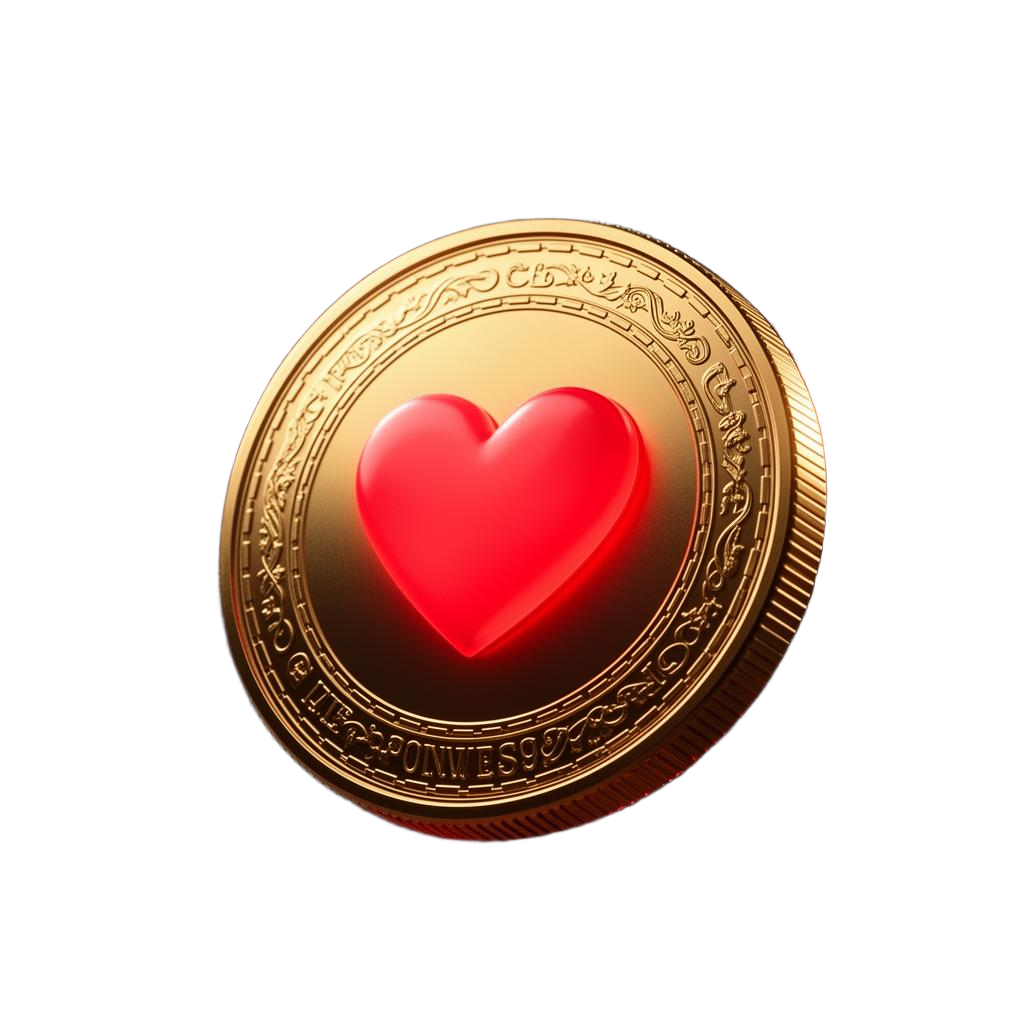 LOVE Coin 3D — gold metallic coin with glowing red heart
