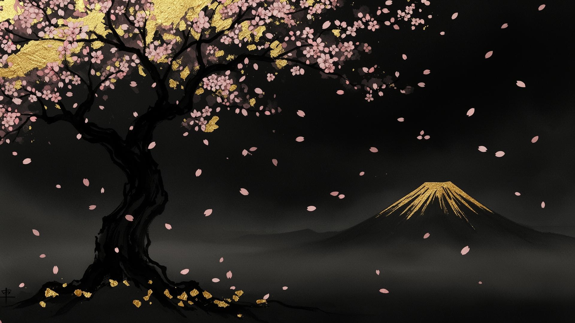 Mono no aware — sakura tree under gold Mt. Fuji