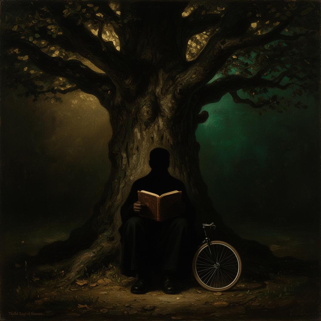 Symbolic portrait: an old sage under an oak tree with a book and a bicycle wheel